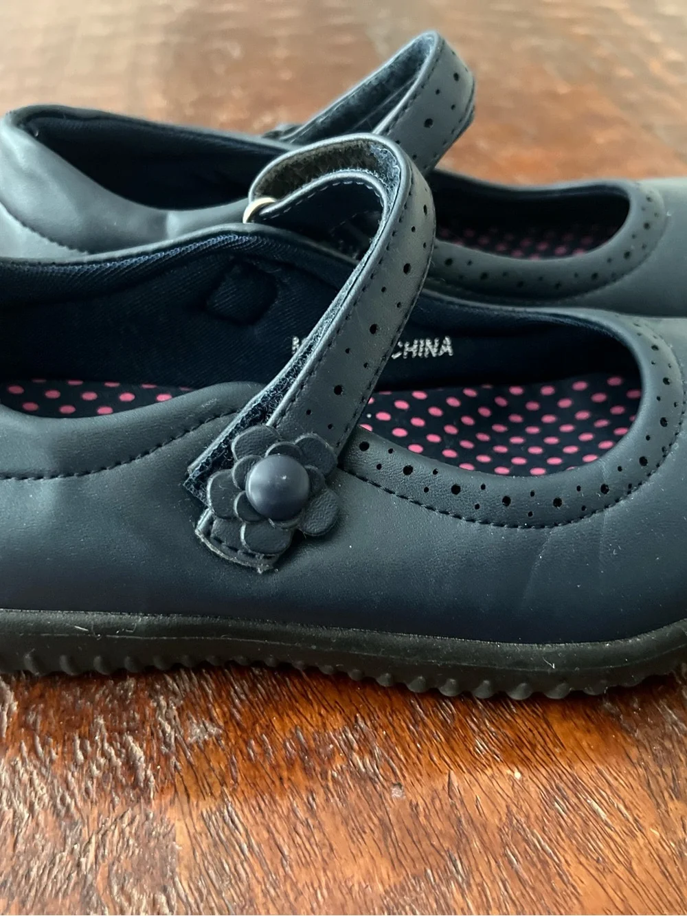 Kids Mary Jane School Shoes - Navy with Pink Polka Dot Insole Size 1